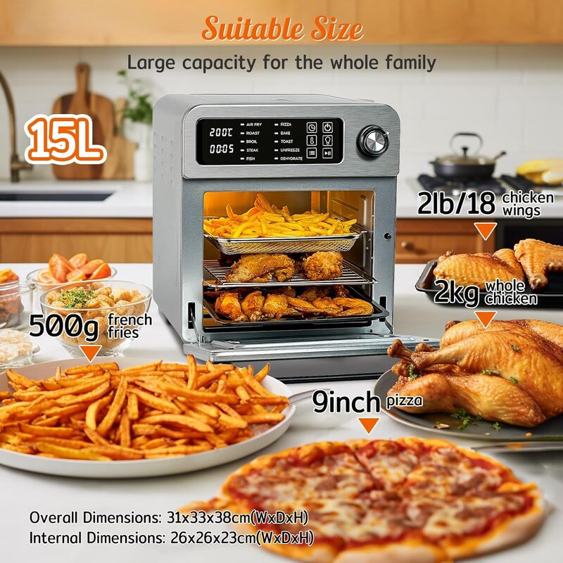 hysapientia® 15l large air fryer oven for family digital knob 1700w 10 in 1